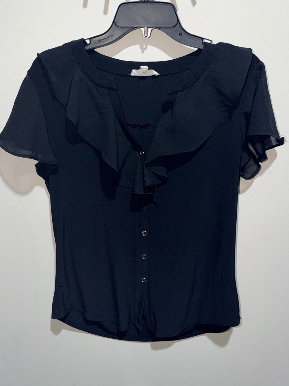 PerSeption Concept Black Ruffle-Front Button Blouse